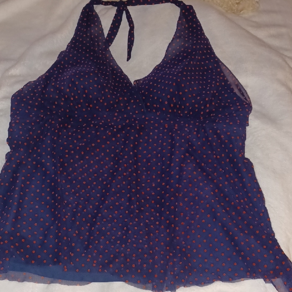 Mazu Swim Womens Halter Tankini Bathing Suit Top Navy And Red Polka Dot Sz 24